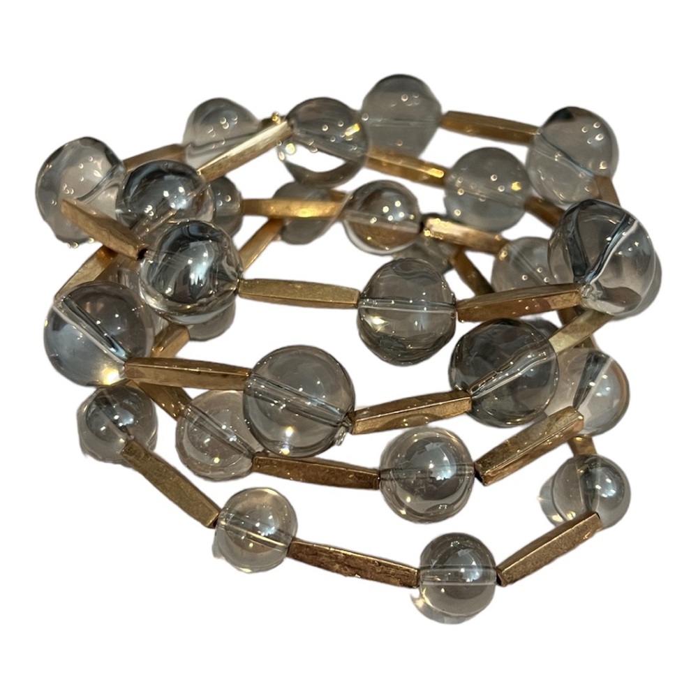 377. NEW Four Strand Clear Gray W/ Brass Long Beaded Bracelet NWT